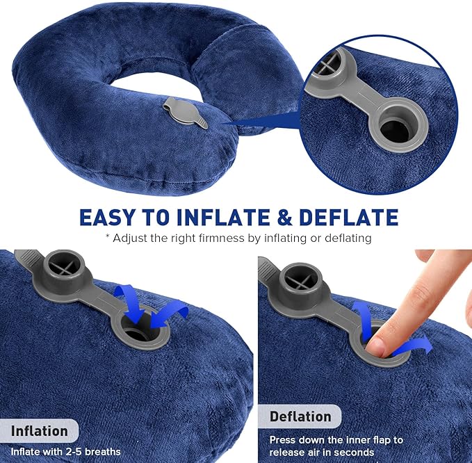 Rewondah Neck Pillows for Travel, Inflatable Travel Pillow, Inflatable Neck Pillow for Traveling Airplane with Soft Velour Washable Cover, U Shape Blow Up Neck Pillow for Airplanes Train Car Travel
