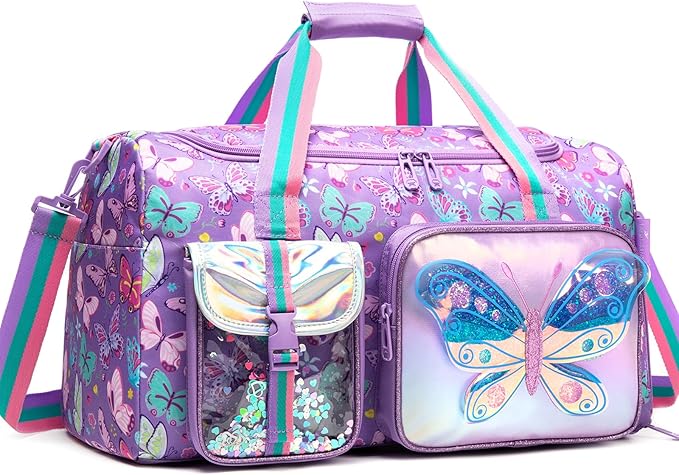 Butterfly Kids Duffle Bag Girls Travel Bag Overnight Dance Sleepover Bags for Girls Gymnastics Sports Bags for Kids with Shoe Compartment