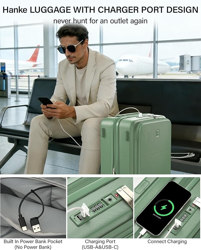 Hanke 28 Inch Expandable Checked Luggage with Cup Holder and Charger Port, Top Opening Hard Shell Large Suitcases with Wheel, Big Travel Rolling Suitcase Trunk Luggage with Lock,Forest Green
