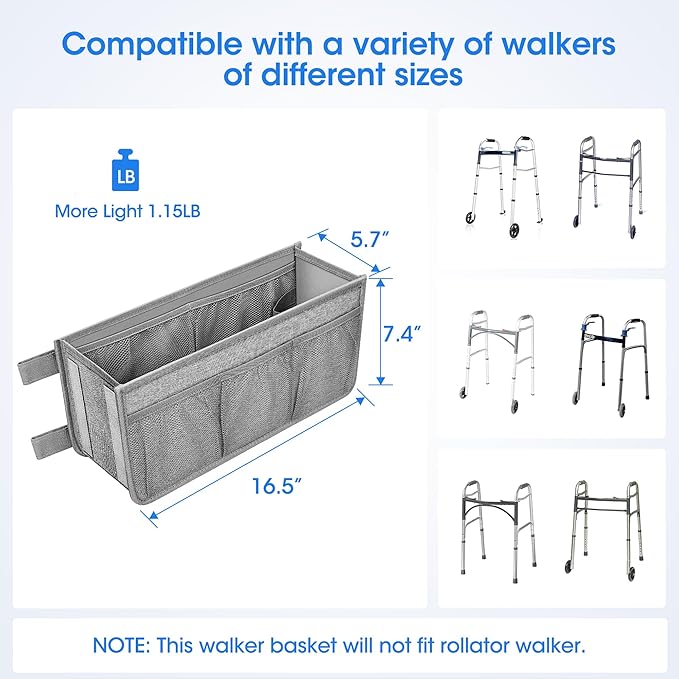 Dotday Upgraded Walker Basket with Cup Holder, Foldable Walker Bag with Large Capacity & Never Tipping Over, Not Fit for Rollator - Grey