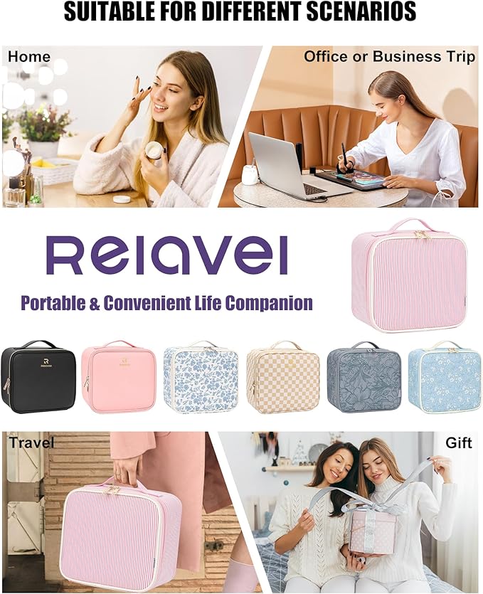 Relavel Travel Makeup Bag With LED Mirror, Portable Cosmetic Bag Organizer with Adjustable Brightness in 3 Color Scenarios, Small Cute Train Case with Detachable Dividers for Trip- Pink Strip