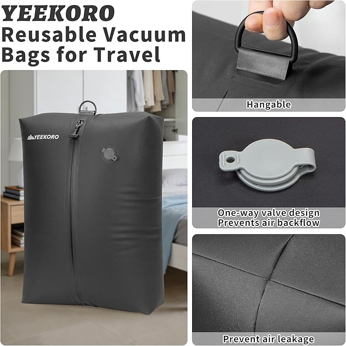 Upgraded Vacuum Bag for Travel, Professional IPX8 Waterproof Reusable Vacuum Compression Bags for Travel Suitcases, Durable Space Saver Bag(2 PACK TPU Black,With Pump)