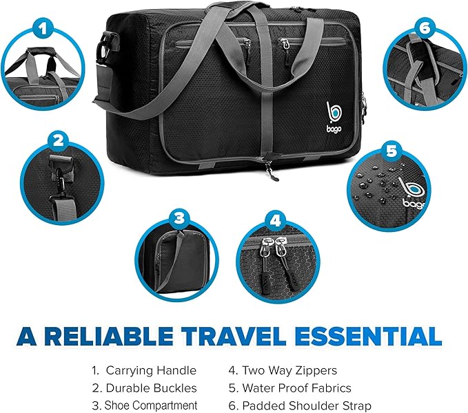 Bago Compact Duffle Bag for Travel Women & Men. Durable Lightweight Foldable Travel Duffel Bags For Traveling Women. 40L Duffle Bags a Reliable Weekender duffel or Overnight Bag With Shoe Compartment
