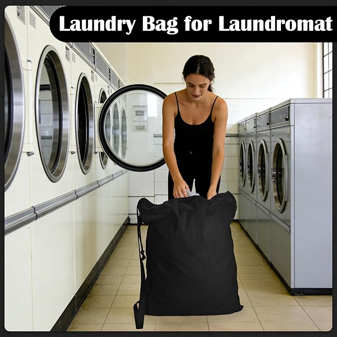 Canvas Laundry Bag with shoulder Strap 24"W x 29"H, Large Drawstring Dirty Clothes Bag Washable Laundry Sack for College Dorm, Travel, Home, Camp (Black)