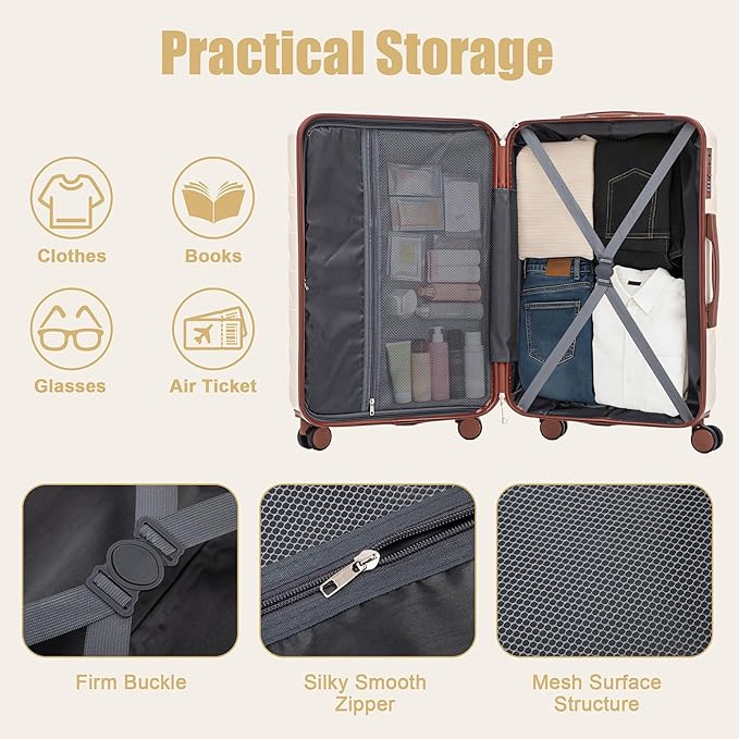 28 Inch Checked-Large Luggage, Lightweight ABS Hard Shell Suitcase with Spinner Wheels, Expandable Travel Luggage with Combination Lock & Side Hooks for Men Women (Beige, 28)