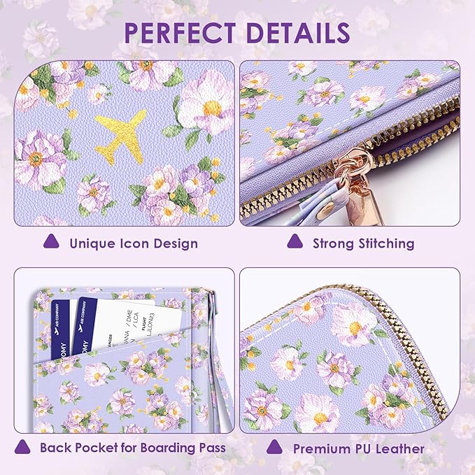 KONVINIT Passport Holder For Travel, RFID Blocking Leather Passport Cover For Travel Accessories, Passport Wallet with Zipper Closure, Cute Passport Book for Women and Men, Purple Flowers