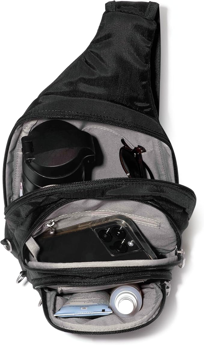 Baggallini Securtex® Anti-Theft Multi Zip Sling - Lightweight 8.6"x15.2" Travel Bag with Locking Zippers & RFID Protection