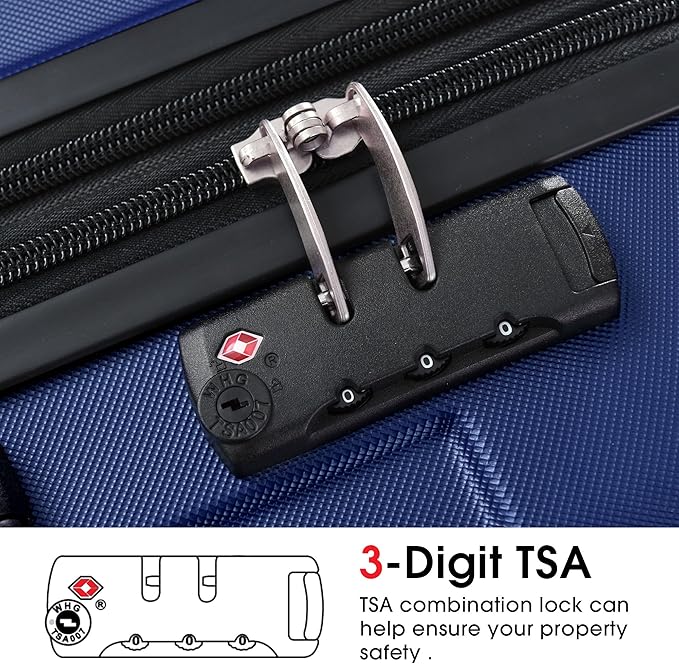24 Inch Checked-Large Luggage, Lightweight ABS Hard Shell Suitcase with Spinner Wheels, Expandable Travel Luggage with Combination Lock & Side Hooks for Men Women, Blue