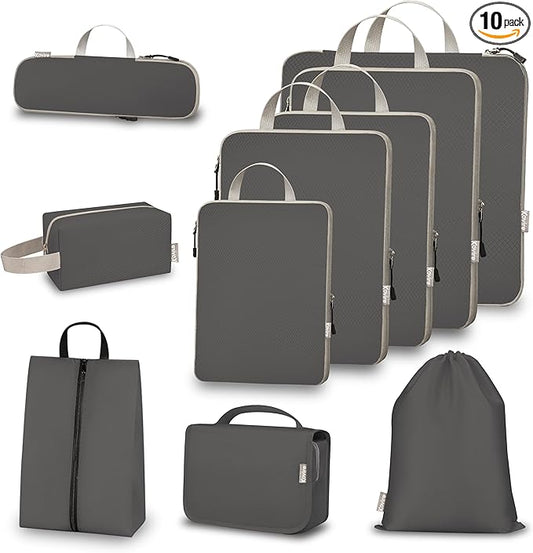 Compression Packing Cubes for Travel, Set of 10 Expandable Luggage Organizers with Shoe Bag, Lightweight Water-Resistant Suitcase Essentials for Carry-on & Checked Luggage, Grey
