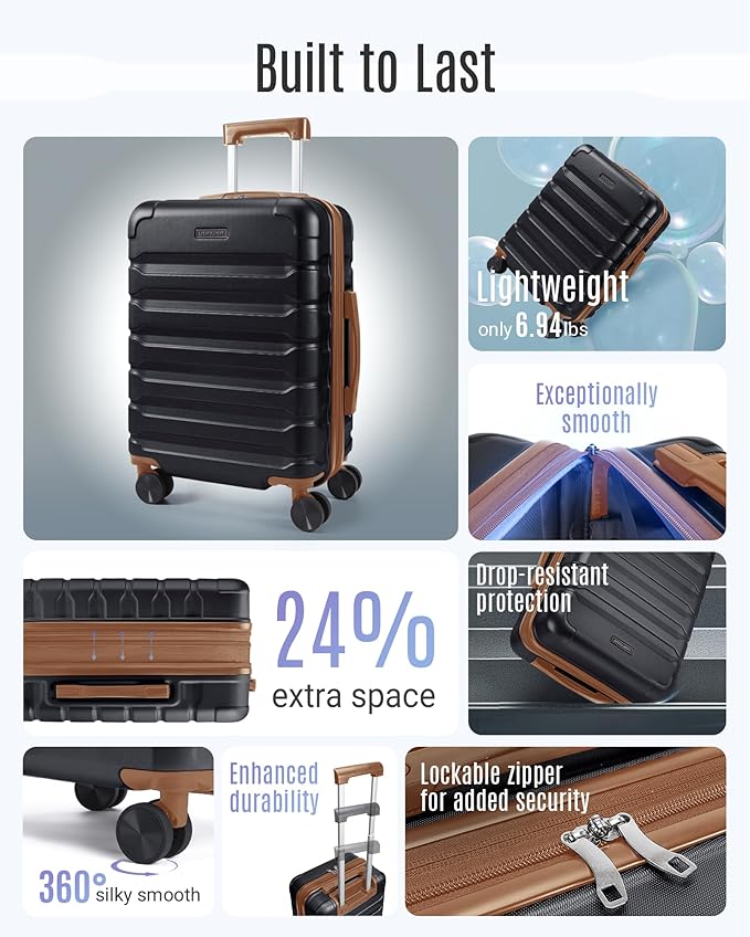 LIGHT FLIGHT Carry On Luggage 22x14x9 Airline Approved, Expandable Carry On Suitcases with Wheels, Lightweight Luggage, Durable Hard Shell 20 Inch Rolling Suit Case for Men Women Travel Black/Brown