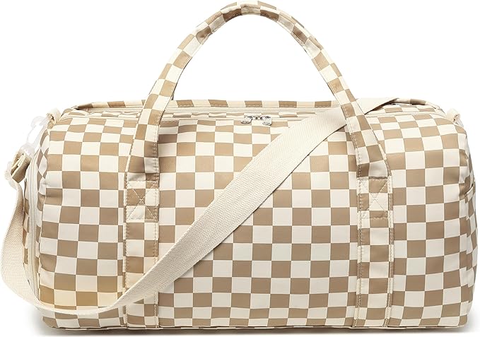 LEDAOU Duffle Bag Girls Kids Cute Dance Bag with Shoe Compartment Gym Bag with Wet Pocket Sports Overnight Travel Workout Bag (Checkered Brown-White)