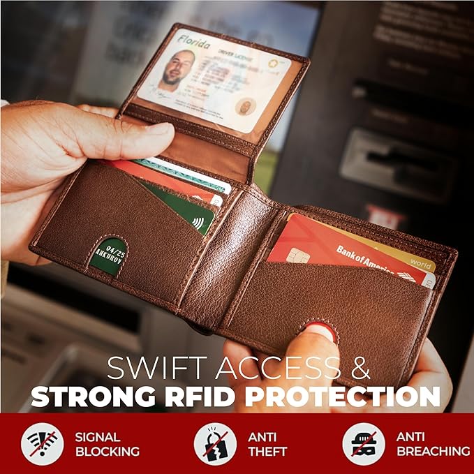 RFID Bifold Leather Wallet For Men with Flip Up ID Secure and Durable Extra Capacity Billfold with 11 Credit Cards in Vintage Buffalo Brown