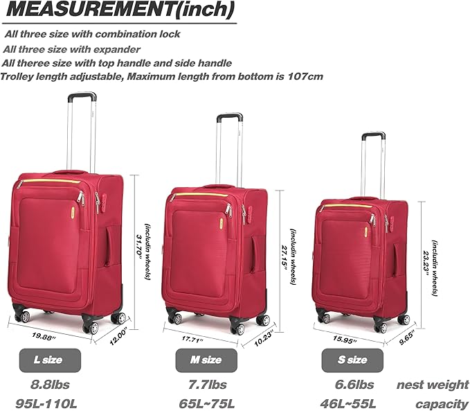Softside Luggage Sets, Extra Large Expandable Suitcase Sets With Spinner Wheels and Combination Lock Red Luggage For Long Time Overseas Journey (Red) 22inch, 26inch, 30inch