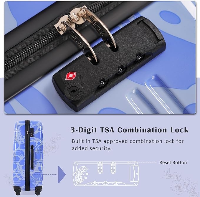 Merax Suitcase Set, Hardshell Luggage Sets 3 Piece with Spinner Wheels, Durable Printing Suitcase with TSA Lock Lightweight 20" 24" 28",Blue