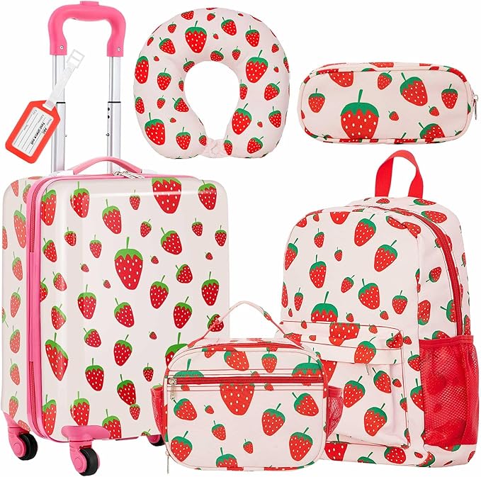 Redbaker 17 Inch 6 Pcs Kids Luggage Set Kids Rolling Luggage Double Pattern Suitcase for Boys Girls (Blush Pink, Strawberry Style)