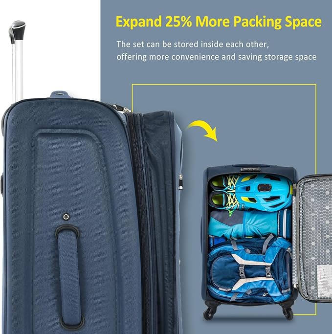 Softside Luggage Sets 3 Piece - 20" Carry-On, 24” & 28” Checked Luggage Set, Expandable Luggage Lightweight Suitcase with Spinner Wheels & TSA Lock for Family Extended Travel (Dark Blue)