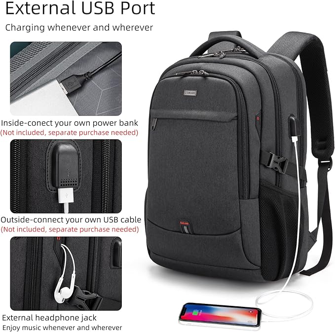 DUSLANG 17 Inch Laptop Backpack for Travel Water Resistant College Bookbag for Men/Women Laptop Bag with USB Charging Port and Tablet Sleeve Bag Compatible Protective Case, Black