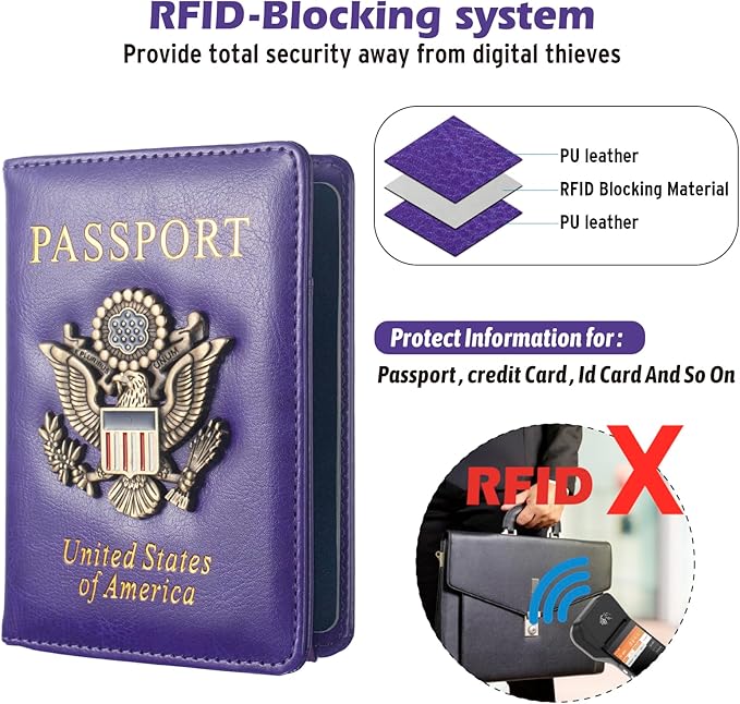 Passport Holder for Travel Women, RFID US Passport Cover Wallet Case, Leather Travel Wallet RFID Blocking, Waterproof Document Protector for Traveling Accessories-Purple