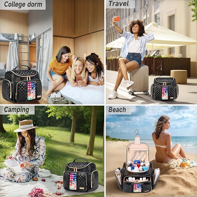 Large Leather Toiletry Bag for Women Men,Bathroom Bag,Water Resistant Shower Bag,Makeup Bag,Portable Shower Caddy for College Dorm,Hanging Travel Toiletry Bag with Transparent Waterproof Phone Pocket