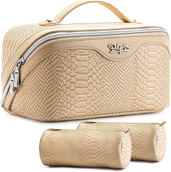 BOYATU Travel Makeup Bags for Women: 3 Pcs Set Wide Open Cosmetic Bag - Portable Make up Bags with Handle - Vegan Leather Toiletry Organizer Bag with Divider (G-04-Beige)