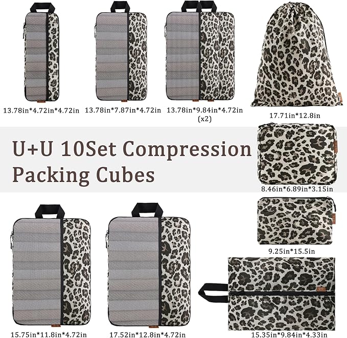U+U 10 Set Compression Packing Cubes - Ultralight Leopard Travel Organizers with Laundry Bag, Space-Saving Suitcase Organizer, Expandable Packing Cubes for Travel and Family Vacation (Leopard)