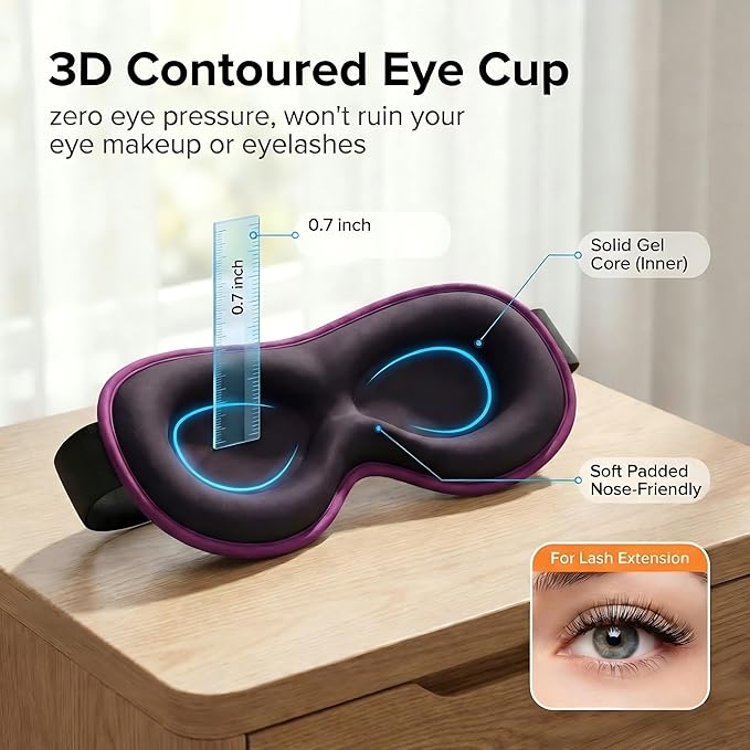 Weighted Cooling Sleep Mask, 6oz 3D Blackout Eye Mask for Sleeping, Contoured Gel Eye Mask, Adjustable Strap, Eyelash Friendly Sleep Mask for Relaxation, Anxiety Relief Items, Naps, Travel, Purple