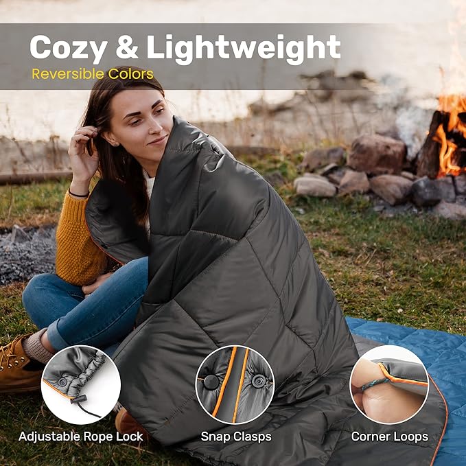 UNIKOME Waterproof Puffy Camping Blanket - Lightweight Packable Outdoor Quilt with Snaps & Corner Loops, Warm Compact Blanket for Cold Weather Hiking Picnic Stadium Travel, 75"×52", Grey&Light Grey