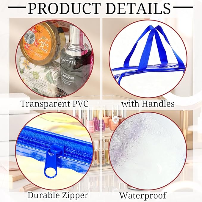 4 Packs Large Clear Toiletry Bag, Waterproof Clear Makeup Comestic Organizer Bags with Handle, Transparent Handbag with Zipper for Travel Airport Airline Vacation