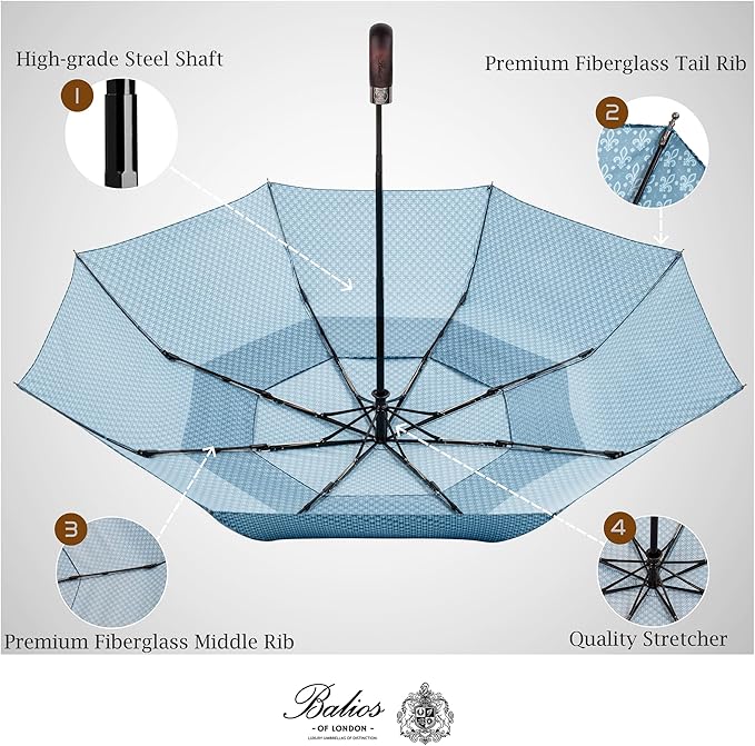 Balios Travel Folding Umbrella with Real Wood Handle Auto Open Close Vented Windproof Canopy - Designed in UK