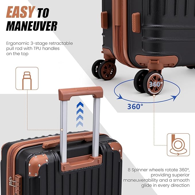 KUNEL Expandable 5 Piece Luggage Sets with Detachable Spinner Wheels and TSA Lock, Unisex Hardside ABS Suitcase Set, Hardshell Lightweight Waterproof Travel Hard Case Suitcases with Wheels, Black