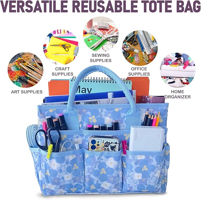 Cupohus Craft Organizer Tote Bag – Art Organizer, Craft Caddy with Multiple Pockets, Large Capacity Supply Storage Bag for Sewing, Knitting, Painting, and Travel（Blue Print）