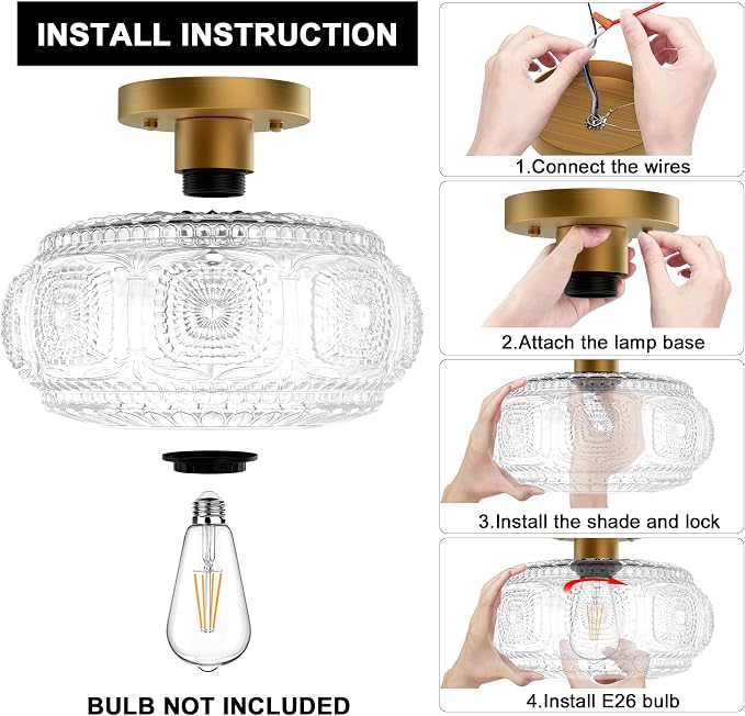 11 Inch Globe Glass Semi Flush Mount Ceiling Light Fixture, Gold | Beautiful Light Shadow, Easy to Install, Bright Ambiance, Vintage & Modern Lighting for Dining Room Living Room Bedroom