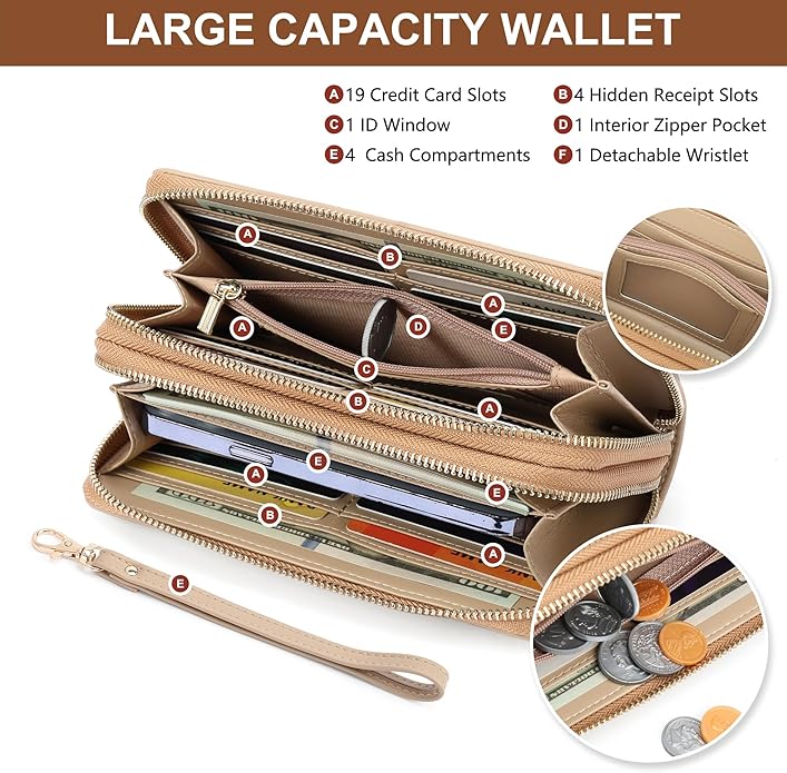 yiijay Womens Wallet RFID Blocking Large Capacity Vegan Leather Double Zip Wristlet Wallet Card Holder Travel Ladies Clutch