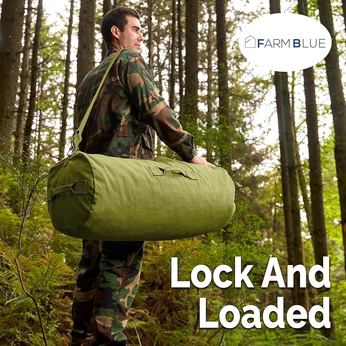 Farm Blue GI Style Zipper Duffle Bag Heavy Duty Army Duffle Bags - Military Grade Cotton Canvas Duffel Bag - Reinforced Camping Bag - Strong Zipper & Center Grab Handle (Olive Drab, Large)
