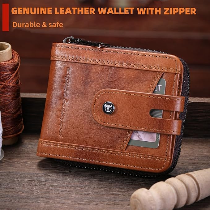 BULLCAPTAIN Genuine Leather Men's Wallet with Zipper Vintage RFID Blocking Large Capacity Wallet for Men with 14 Credit Card Slots and 1 ID Window T23 (Brown)