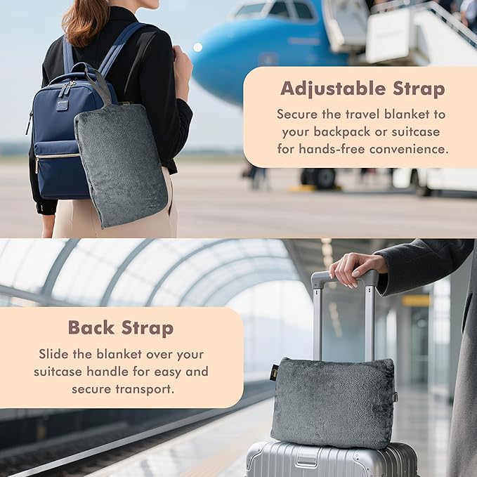 Tirrinia Travel Portable Blanket with Feet Pocket Airplane Office Poncho 4 in 1 Zippered Front Pocket Premium Cozy Fleece Blankets with Built-in Bag