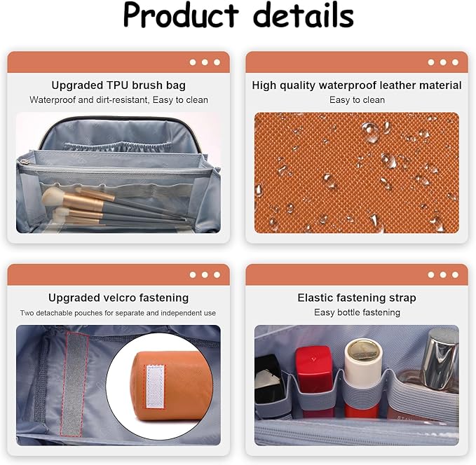 BOYATU Travel Makeup Bag Organizer Cosmetic Bag: 3 Pcs Set Make up Bags for Women with Handle - Waterproof Vegan Leather Toiletry Bags Travel Essentials Pouch with Compartments (A-07-Orange)