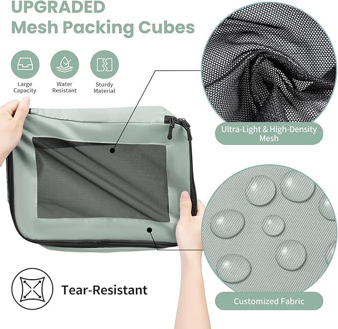 Mesh Packing Cubes for Travel, Durable Luggage Organizer with Sturdy Material and Double Zippers, Comprehensive Set for Travel Accessories Storage, 10 set, green