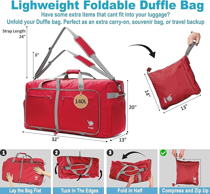 Bago Extra Large Duffle Bag for Travel Women & Men. Durable, Lightweight, Foldable Travel Duffel Bags For Traveling Women. 140L Duffle Bags Use As a Weekender Bag with Shoe Compartment, Checked Duffel