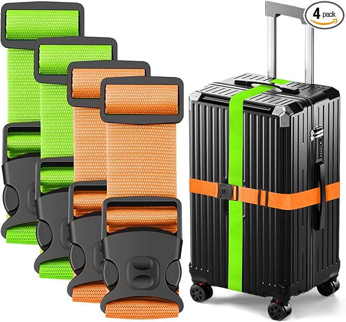 BILIONE Luggage Straps Adjustable Suitcase Belt, Lockable Against Accidental Opening, Easy to Identify Travel Accessories, Add a Bag Connector Holds Suitcase Together (4, Vibrant Orange + Green)