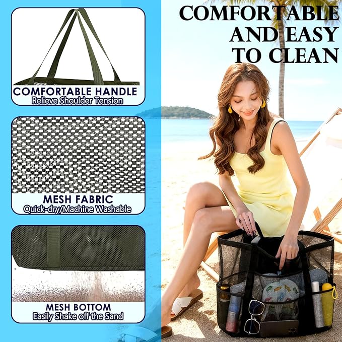 Fammart Mesh Beach Bag, Large Beach Tote with Zipper Pocket, Toys Pool Bag for Family Travel Vacation Cruise Essentials