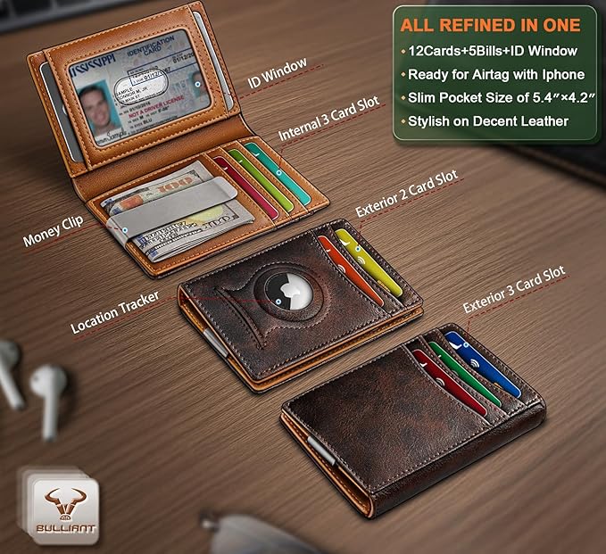BULLIANT Men Airtag Wallet,Slim Wallet Money Clip Card Holder Magnetic Closure 12 Cards in Front Pocket RFID Blocking