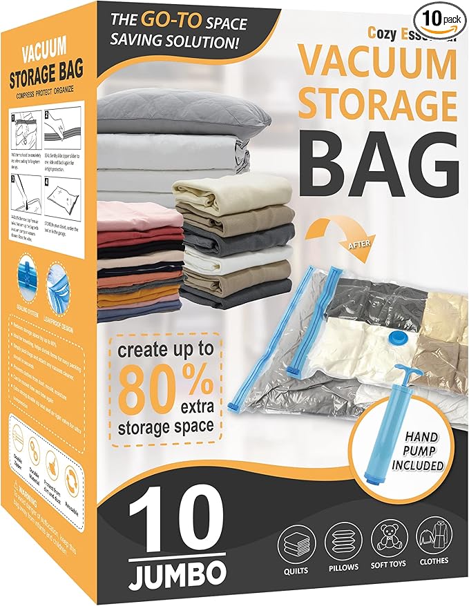 Cozy Essential Vacuum Storage Bags, 80% Compression Vacuum Seal Space Saver Plastic Packaging Bags for Clothes, Blankets, Pillow, Bedding, Comforters, Sealer Clothing Storage,10 Jumbo
