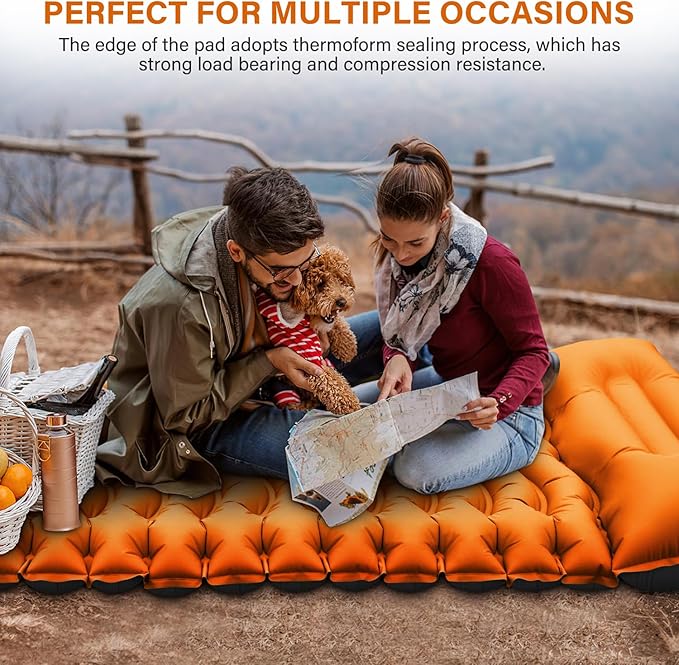 Camping Sleeping Pad, Ultralight Camping Mat with Pillow Built-in Foot Pump & Pillow, Upgraded Compact Camping Air Mattress for Tent, Backpacking-Orange