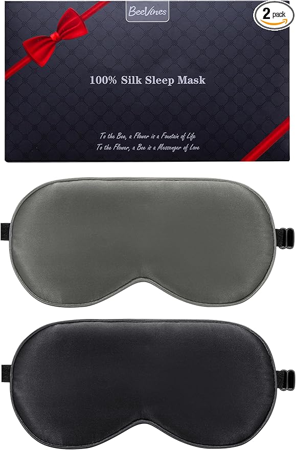 BeeVines 100% Real Mulberry Silk 2 Pack Sleep Mask, Pure Silk Eye Masks with Adjustable Strap for Sleeping, 100% Block Light Eye Shade Cover, Reduces Puffy Eyes Traveling Gifts(Black & Galaxy Grey)