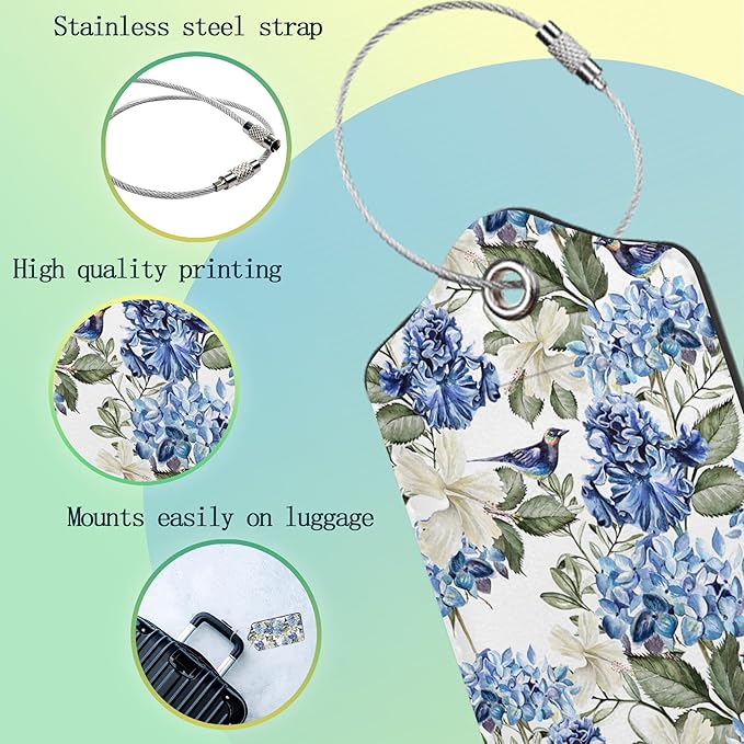 Hibiscus Flowers Luggage Tag,Bird Watercolor Luggage Tags of Set 2 Leather Identifiers Privacy Cover with Stainless Steel Loop for Women Men Travel Bag Suitcase