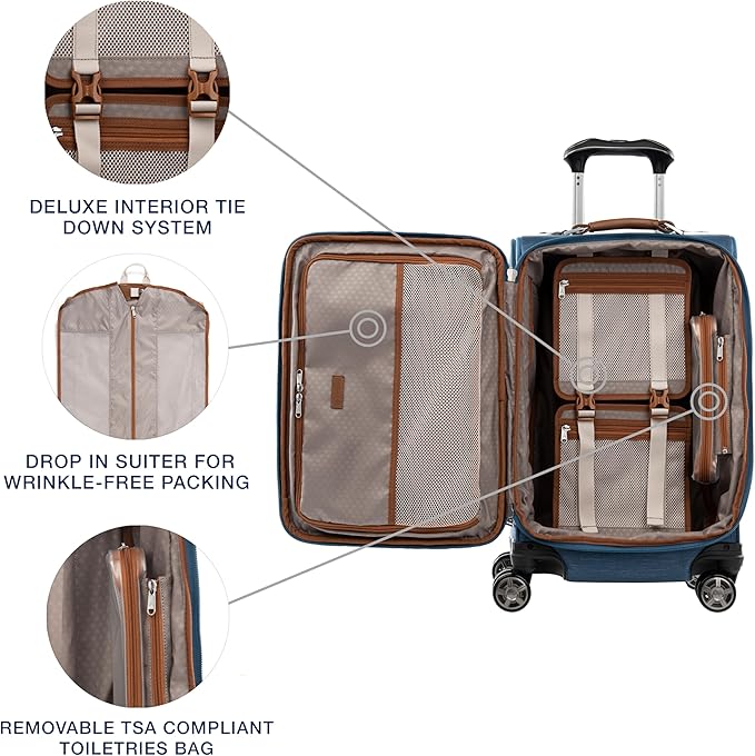 Travelpro Platinum Elite Softside Expandable Carry on Luggage, 8 Wheel Spinner Suitcase, USB Port, Suiter, Men and Women, Coastal Blue, Carry On 21-Inch