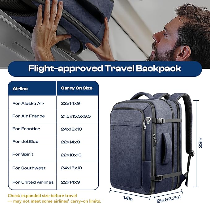 60L Extra Large Laptop Backpack for Men, TSA Approved Water Resistant Computer Bag for Business Travel, Fits 18.4 Inch Laptop, Blue