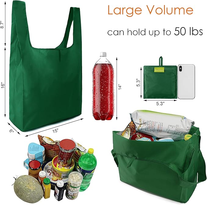 BeeGreen Christmas Green Reusable Grocery Bags with Zipper Storage Pouch 10 Packs Dark Green Reusable Shopping Bags Bulk Foldable-Machine Washable