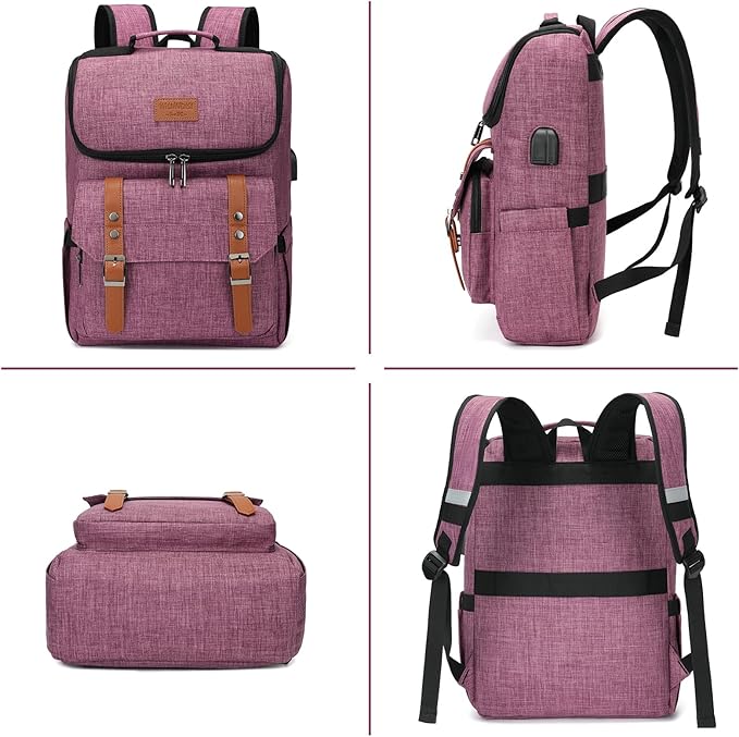 YALUNDISI Vintage Backpack Travel Laptop Backpack with usb Charging Port for Women & Men College Backpack Fits 15.6 Inch Laptop Purple Brown